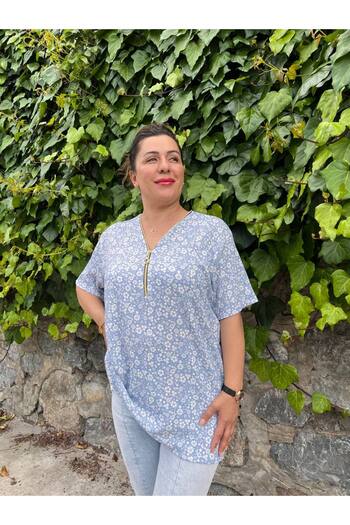 garajmood Blue Flower Patterned Wrinkled Plus Size Blouse