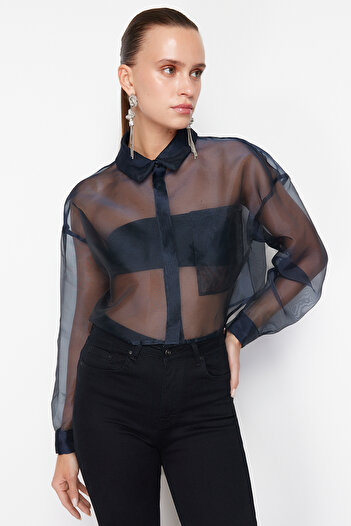 Trendyol Collection Sötétkék organza szőtt termény ing - átlátszó, TPRSS24GO00006