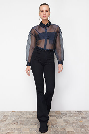 Trendyol Collection Sötétkék organza szőtt termény ing - átlátszó, TPRSS24GO00006