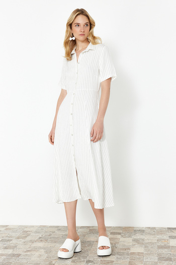 Trendyol Collection Ecru Striped Maxi Woven Shirt Dress TWOSS24EL00855