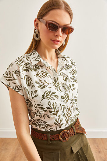 Olalook Leaf Khaki Patterned Women's Linen Shirt - Bat Sleeve GML-19001205