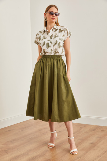 Olalook Khaki Midi Bell Skirt - Pockets and Waist Elastics, ETK-19000271
