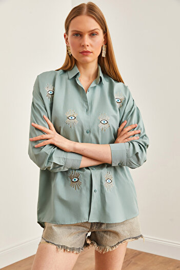 Olalook Green Sequined Women's Boyfriend Shirt - GML-19000992