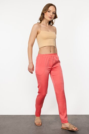 Ekol Salmon Colored Women's Satin Trousers 1176