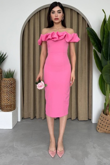 lovebox Women's Strapless Collar Off Shoulder and Slit Design Midi Pencil Pink Evening Dress 219