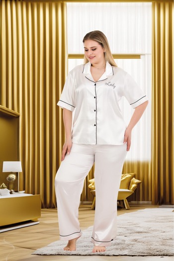 Lady Lingerie Plus Size Satin White Pajama Set
