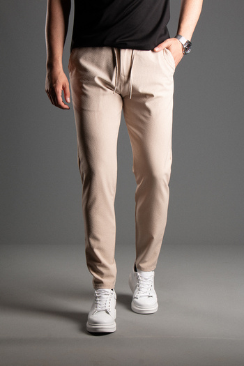 ZEKİ ÖZER Beige Striped Seersucker Linen Men's Trousers