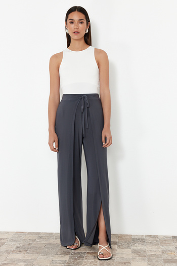 Trendyol Collection Anthracite Lacing Detailed Slit Flexible Trousers TWOSS24PL00135