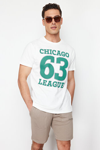 Trendyol Collection College Printed Ecru Cotton T-Shirt - Regular Fit TMNSS24TS00206