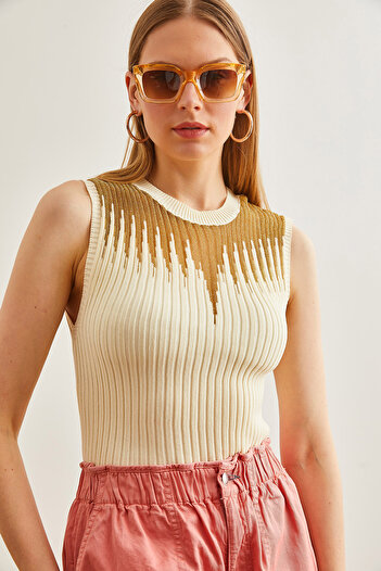 Olalook Ecru Gold Transparent Ribbed Women's Knitwear Blouse - BLZ-19002645