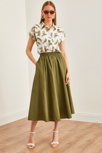 Olalook Khaki Midi Bell Skirt - Pockets and Waist Elastics, ETK-19000271