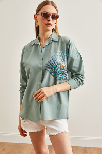 Olalook Zöld túlméretezett poplin ing - tenyérflitteres részletes GML-19001016