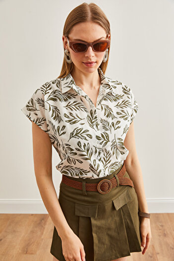 Olalook Leaf Khaki Patterned Women's Linen Shirt - Bat Sleeve GML-19001205