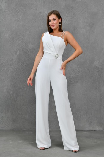 WOMAN VISION White Jumpsuit 1454 - Asymmetric Collar, Chest Padding, Jewel Strap and Belted Wide Leg