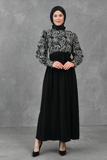 bayansepeti Black Cotton Maxi Hijab Evening Dress - Belted and Patterned, Hijab Design 1620
