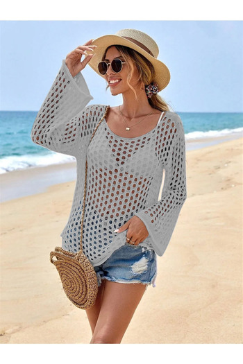 AQE FASHION Gray Knitwear Blouse - Mesh Detailed, Slit, Flounce Long Sleeve