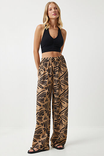 Happiness İstanbul Women's Dark Beige Patterned Flowing Viscose Palazzo Trousers EN00606