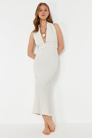 Trendyol Collection Beach Wear Ecru Maxi Woven Back Low-Cut Linen Blend Dress Tbess24El00096