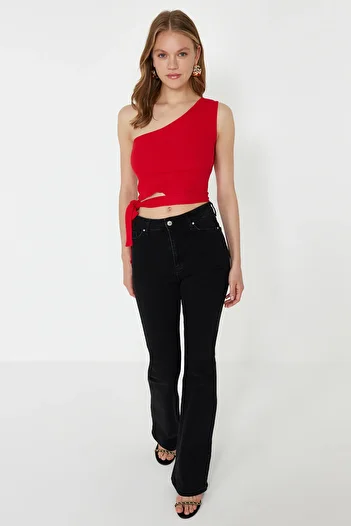 Trendyol Collection Red One Shoulder Fitted/Body-Sitting Ribbed Detailed Knitted Blouse TWOSS22BZ1558