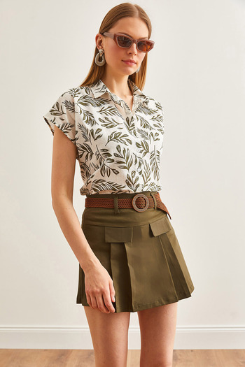 Olalook Khaki Gabardine Short Skirt - Straw Belt, Pleated Cotton, ETK-19000270