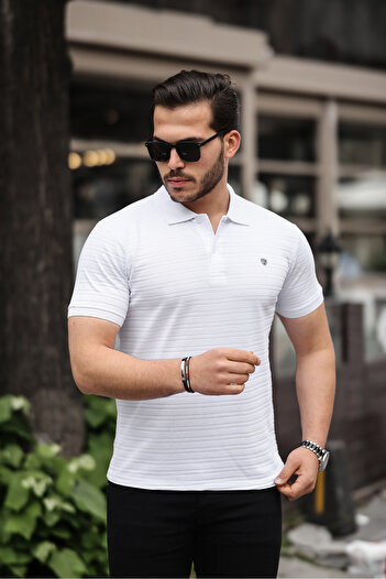 COMBİNE MİCHAİL Men's Non-Shrink Cotton Fabric Slim Fit White Non-Curling Polo Neck T-Shirt