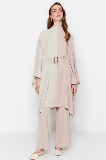 Trendyol Modest Beige Color Blocked Waist Belted Tunic-Pants Woven Suit TCTSS23US00046