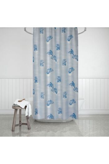 Tropikhome Banyo Perdesi Mavi Yunus Desen Yerli Üretim Duş Perdesi C-Halka Hediye 180x200cm Banyo Perdesi