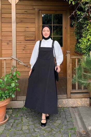 Ceylan Otantik Black Linen Skirt Salopet & White Classic Collar Crop Shirt