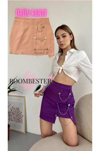 BoomBester Women's Beige Mini Skirt with Chain Detail Crepe Fabric