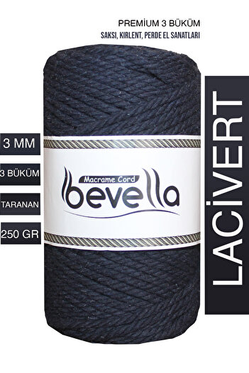 Bevella Macrame Cord Premium 3 Büküm Burgulu Pamuk Makrome Ipi 3 Mm 250 gr Lacivert