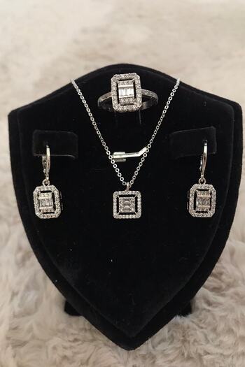 Vipfoni Silver Color Baguette Necklace Earring Ring Set