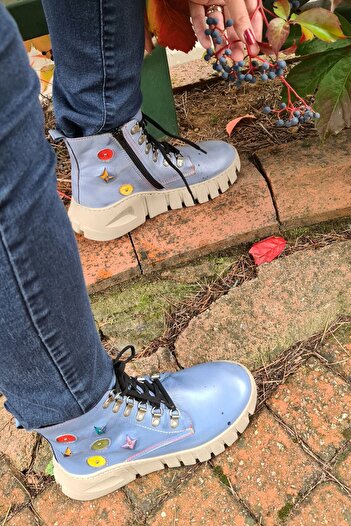 İNZE AYAKKABI Denim Blue Genuine Leather Boots - Model Name: Vienna