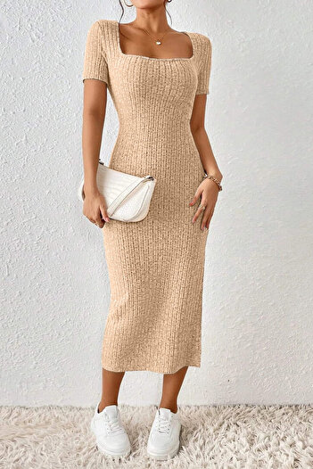 missamour Women's Summer Trend U-Neck Slit Ribbed Dress