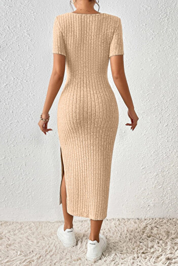 missamour Women's Summer Trend U-Neck Slit Ribbed Dress