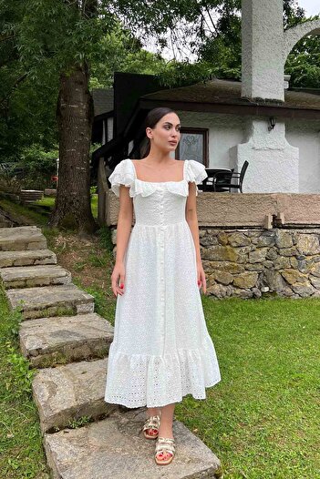 Seda Yalçın Atelier Ecru Elastic Brode Dress with Sleeves and Button Detail