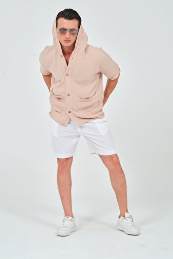 prtfashion Λευκό κοντό λινό σορτς - 100% βαμβάκι, Unisex, κανονική εφαρμογή