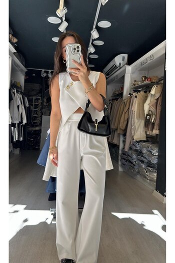 Sachistanbul Gold Buttoned Asymmetric Cut Vest Trousers Set