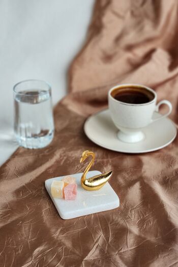 ioadesign Gold Groom Coffee Set - Marble Turkish Delight Bowl with Cup, Water Cup and Swan Figure
