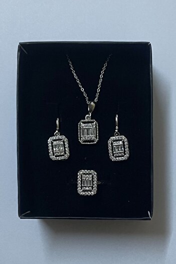 Vipfoni Silver Color Baguette Necklace Earring Ring Set