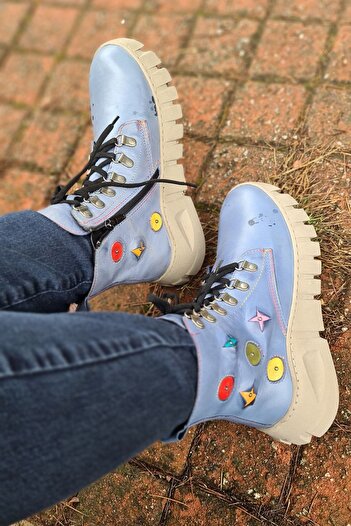İNZE AYAKKABI Denim Blue Genuine Leather Boots - Model Name: Vienna