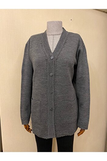 TEK Stylish Patterned and Beaded Knitwear Mother Cardigan - Pearl Detail / Anthracite