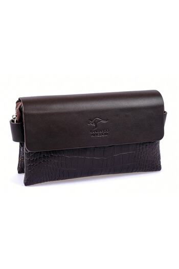 KANGAROO KINGDOM Men's Portfolio & Clutch Handbag Genuine Calf Leather Napa & Crocodile Dark Brown 9288-fck