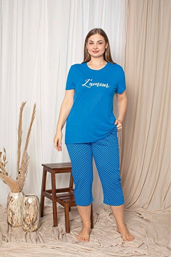 bie's Σετ πιτζάμες Capri με τσέπες Saks Blue πουά με στρογγυλή λαιμόκοψη χωρίς κουμπιά βισκόζης