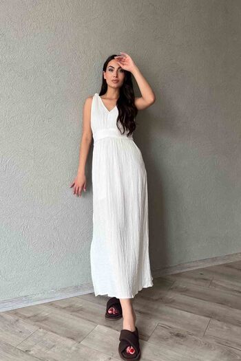 Seda Yalçın Atelier White Knitted Midi Dress with Muslin Detail