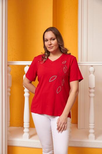 RMG Flower Patterned Stone Printed Large Size Red T-Shirt