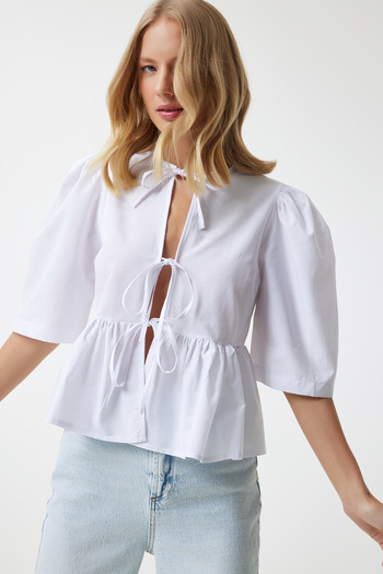 Happiness İstanbul White Balloon Sleeve Bow Detailed Cotton Poplin Women's Blouse UL00022