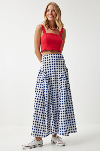Happiness İstanbul Fustă albastră de vară din popelin - Volant Gingham, UL00024