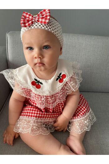 Minizade Red Petite Checkered Cherry Detailed Summer Dress with Headband