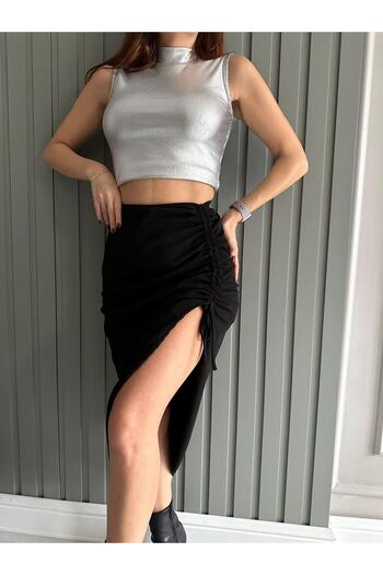 LE CARAMBOLE Black Linen Fabric Women's Skirt with Side Zipper - Gathered