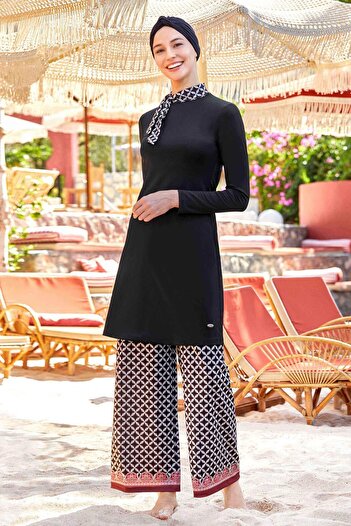 ZF BUTİK Delmar 4514 - Full Covered and Lycra Black Hijab Swimsuit, Wide Leg